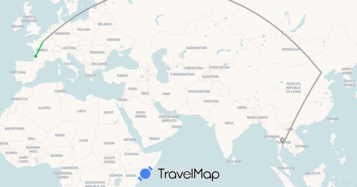 TravelMap itinerary: driving, bus, plane in China, France, Thailand (Asia, Europe)